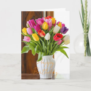 Cartão Lindo Buquê Tulipa Flor Rosa Inverno  Aniversário 