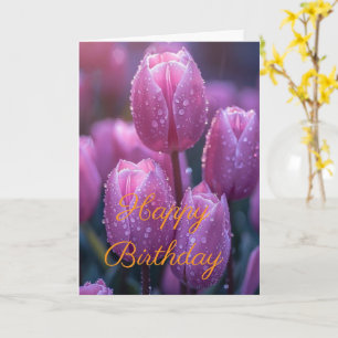 Cartão Lindo Buquê Tulipa Flor Rosa Inverno Aniversário