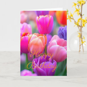 Cartão Lindo Buquê Tulipa Flor Rosa Inverno Aniversário