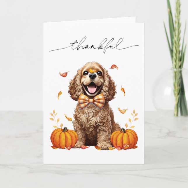 Cartão Lindo Cocker Spaniel Folhas de Outono Abóboras (Frente)