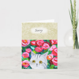 Cartão Lindo Gato Cinza Tabby com Lágrimas Floral Bonito 