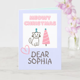 Cartão Lindo Gato de Chapéu e Árvore Feliz Natal Pastel