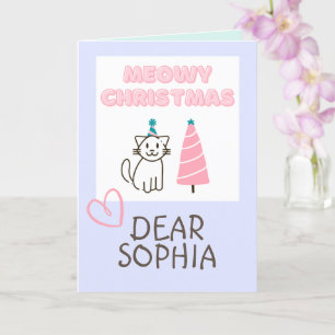 Cartão Lindo Gato de Chapéu e Árvore Feliz Natal Pastel
