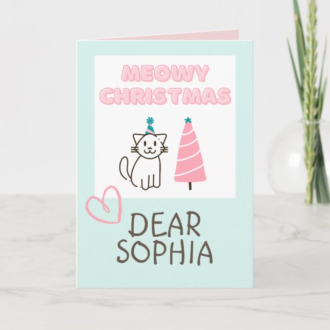 Cartão Lindo Gato de Chapéu e Árvore Feliz Natal Pastel (Frente)