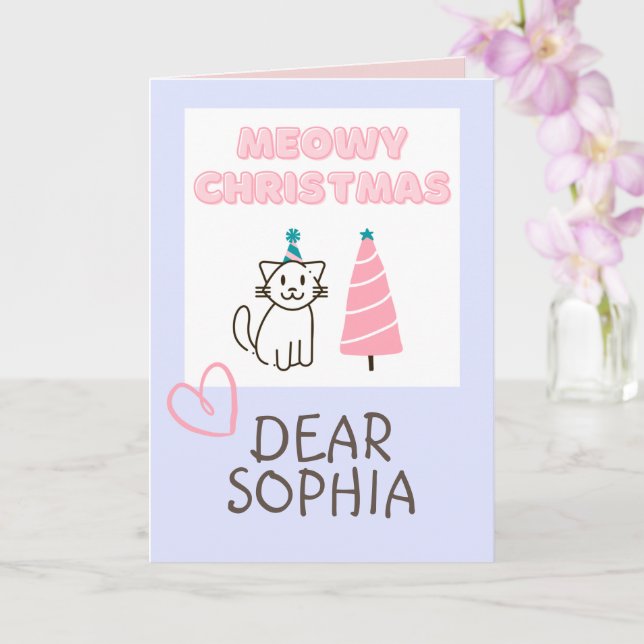 Cartão Lindo Gato de Chapéu e Árvore Feliz Natal Pastel C (Orquídea)