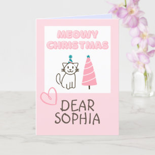 Cartão Lindo Gato em um Chapéu&Árvore Feliz Natal Pastel