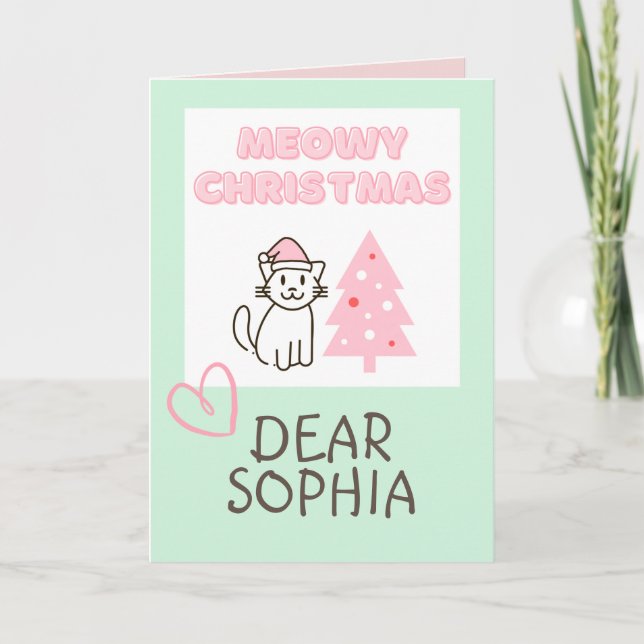 Cartão Lindo Gato em um Chapéu&Árvore Feliz Natal Pastel (Frente)
