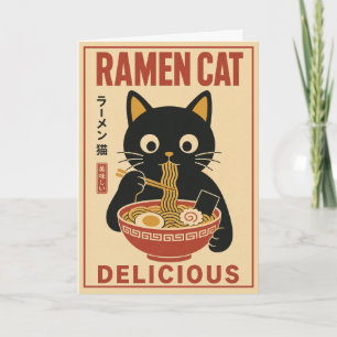 Cartão Lindo Gato Preto Amante de Ramen Japonês Comida 