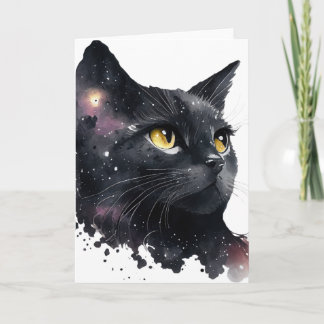 Cartão Lindo Gato Preto Cósmico de Aquarela
