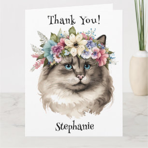 Cartão Lindo Gato Ragdoll Floral Agradecimento Personaliz