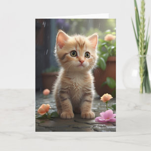 Cartão Lindo Gato Tabby Laranja Sentado Entre Flor Branco