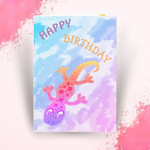 Cartão Lindo Lagarto Gecko Arco-Íris Feliz Aniversário