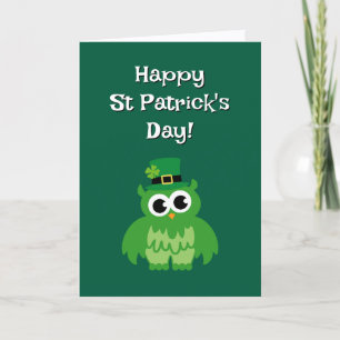 Cartão Lindo leprechaun verde coruja passarinho Dia de Sã