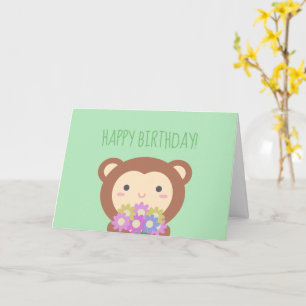 Cartão Lindo Menino Macaco Kawaii e Flores Feliz Aniversá