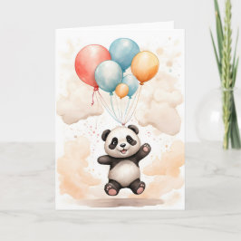 Cartão Lindo Panda em Aquarela Balões Amarelos Azuis Bran