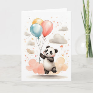 Cartão Lindo Panda em Aquarela Balões Azuis Amarelos em B