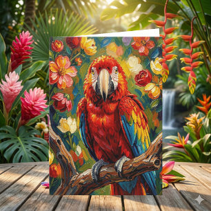Cartão Lindo Papagaio Arara em Impasto Pensando em Você