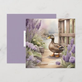 Cartão Lindo Pato em Aquarela e Manto de Lavanda em Branc