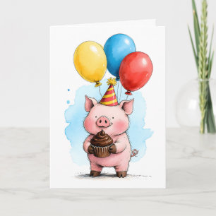 Cartão Lindo Porco Rosa com Bolo de Aniversário Infantil