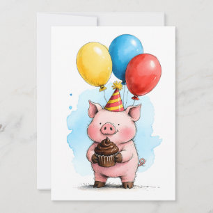Cartão Lindo Porco Rosa e Bolo de Aniversário Infantil Pl