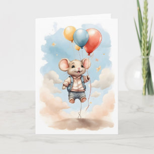 Cartão Lindo Rato Aquarela Flutuando com Balões em Branco