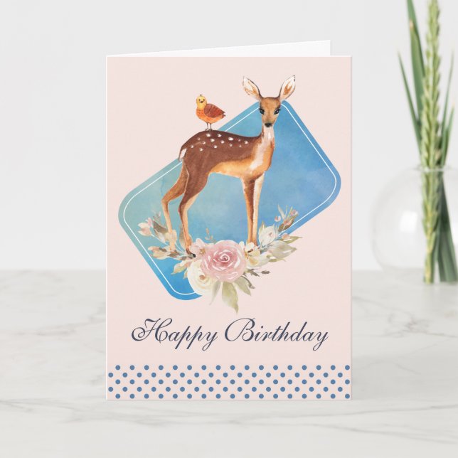 Cartão Lindo Veado Aquarela Marrom Aniversário Rústico (Frente)