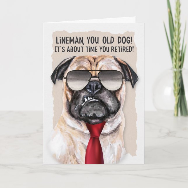 Cartão Lineman Retirement Funny Pug Dog Necktie Vermelha (Frente)