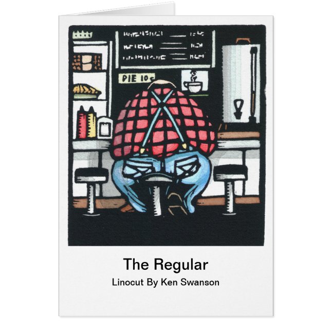 Cartão Linocut: Grande homem no contador do almoço por (Frente)