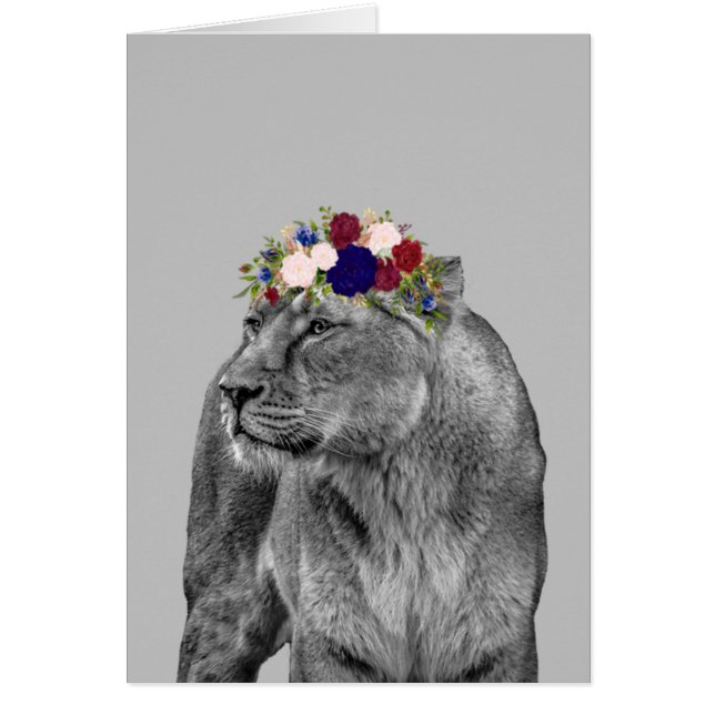 Cartão Lioness Lion Animal Girl Flor Black White (Frente)