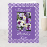 Cartão Lisa's 30th's birthday pansies (change name/age)<br><div class="desc">Greeting card for Lisa's (name) birthday with lace frame and foto of pansies on purple / lavender background. Personalize your message! Tarjeta postal en ingles con una foto de florecitas para el crumples de alguien especial. Personalize su mensaje! (puede replazar el texto escrito) Greeting card in Spanish for mother's day...</div>