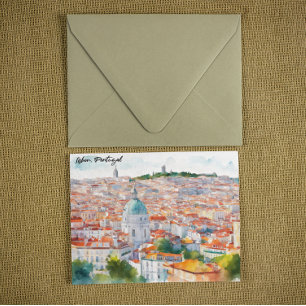 Cartão Lisboa Portugal Vista Panorâmica Aquarela Cidade