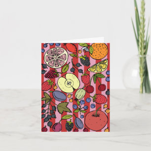 Cartão listrado rosa e vermelho com frutas colorid