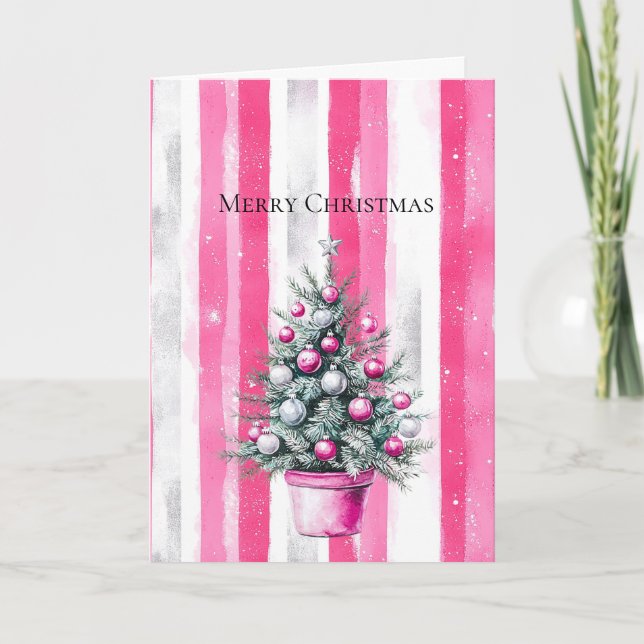 Cartão Listras de Árvore de Natal Rosa Branca Glam (Frente)
