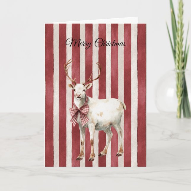 Cartão Listras Vermelhas Natal Veado Branco (Frente)