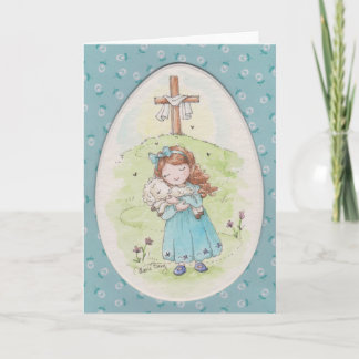 Cartão Little Girl Holding a Lamb Easter Morning