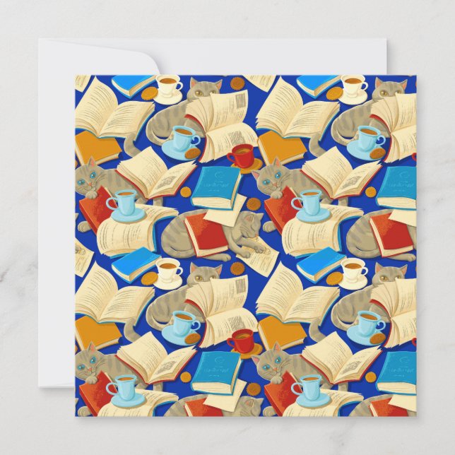 Cartão Livros e gatos em azul (Frente)