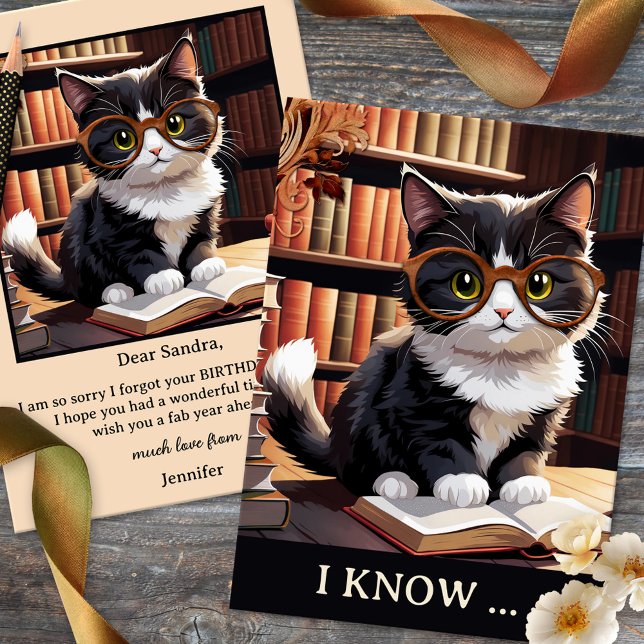 Cartão Livros Engraçados De Gato Amavam O Aniversário (Belated Birthday card featuring a cute kitty with glasses in a library or room with lots of books. )