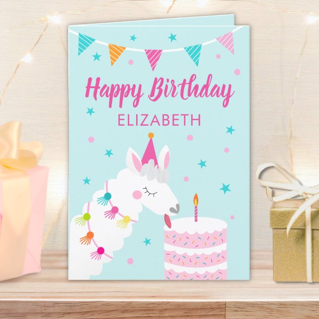 Cartão Llama Nome Personalizado Aqua Happy Birthday (Criador carregado)