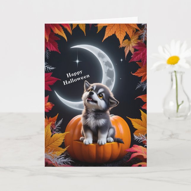 Cartão Lobo Fofo Branco com Lua Crescente Noturna de Outo (Planta pequena)