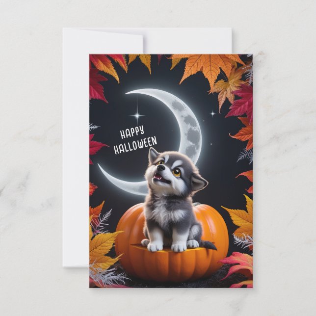 Cartão Lobo Fofo com Lua Crescente Noturna de Outono (Frente)