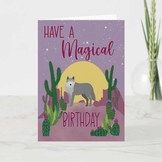 Cartão Lobo Mágico do Aniversário Cacto (Frente)