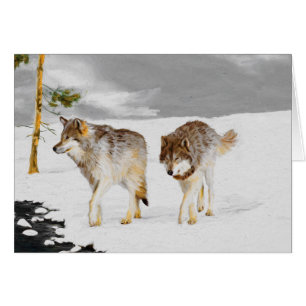 Cartão Lobos na Pintura da Neve - Arte Original sobre a V