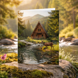 Cartão Log Cabin, Stream and Deer, Happy Birthday