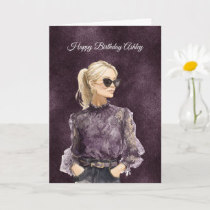Cartão Loira Feminino Óculos de Sol Blusa Roxa Aniversári