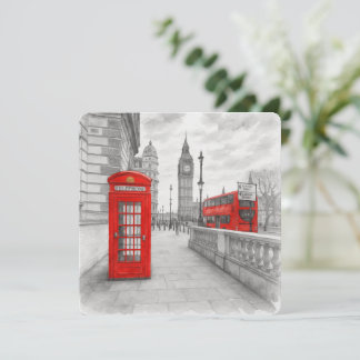 Cartão London Red Phone Booth & Bus Watercolor
