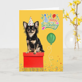 Cartão Long Hair Chihuahua Dog Party Hat Yellow Birthday