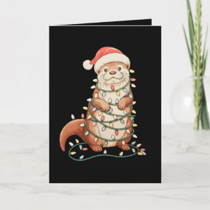 Cartão Lontra Animal de Natal Luzes de Natal Chapéu do Pa