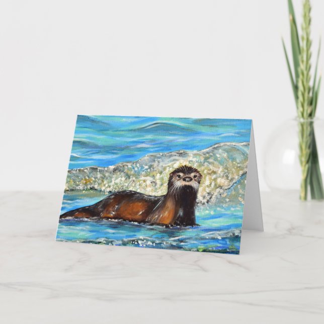 Cartão Lontra nas Ondas 2 Pintura (Frente)