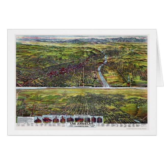 Cartão Los Angeles, mapa panorâmico de CA - 1894 (Frente Horizontal)