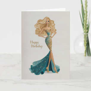 Cartão Loura Elegante em Vestido Dourado e Azul Glam Aniv